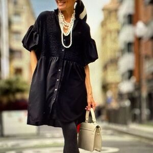 Black Puff Sleeve Button-Up Dress